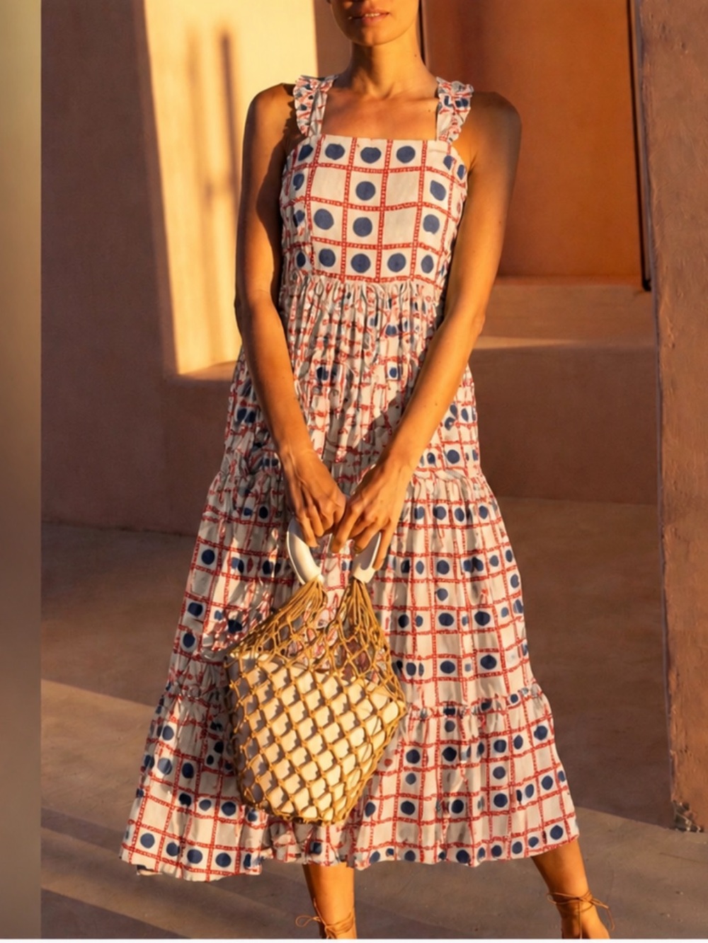 Oliphant Dress Crossed Back Midi Ruffle Strap in Domino Red White Blue Print - Picture 1 of 6